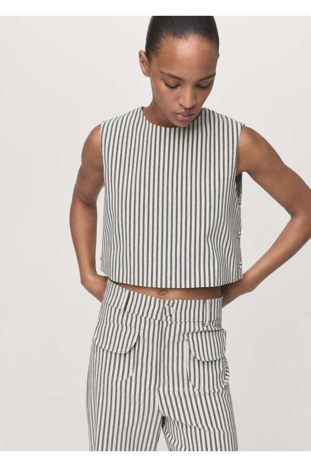 Düğmeli çizgili bluz - 1