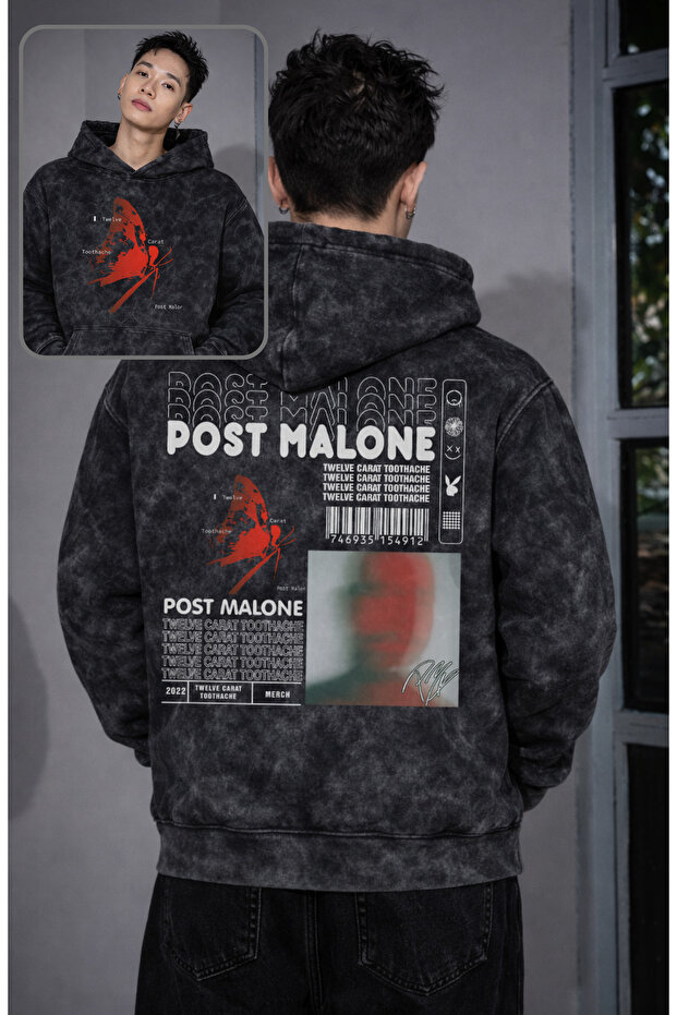 Unisex Post Malone Back-Printed Washable Hooded Sweatshirt, Oversized Rapper-Themed Retro Hoodie