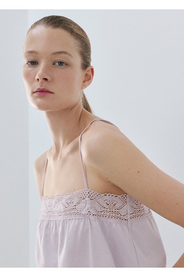 Dantel askılı pamuklu bluz - 1