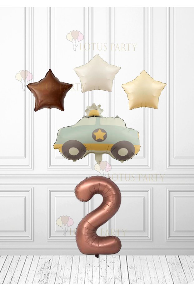Brown Star Cream Star Balloon Cream Blue Color Police Car Balloon - Brown Number Balloon 2 Years Old