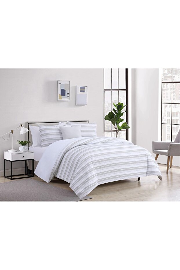 BEIGE GRAY STRIPE | طقم لحاف مزدوج 5 قطع
