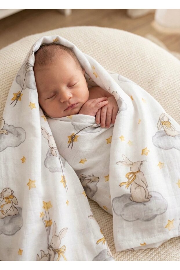 Muslin Cloth Rabbit Pattern - Beige 120x120 Cm 4 Mouth Wipes