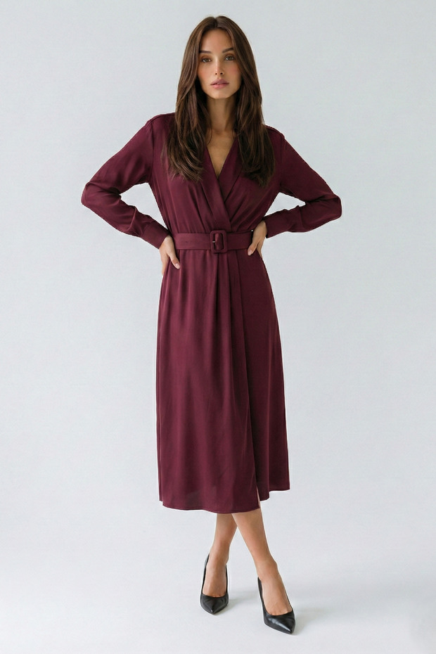 Women's Belted Shirt with Shirt Collar Satin Fabric Midi Length Kru Double-Breasted Bise