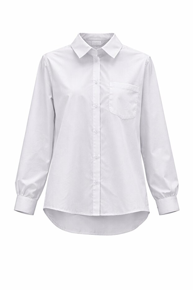 Beyaz Tek Cepli Oversize Gömlek - 2