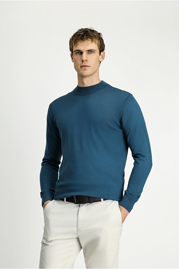 Yarım Balıkçı Yaka Regular Fit Yünlü Basic Örme Triko Kazak - 2