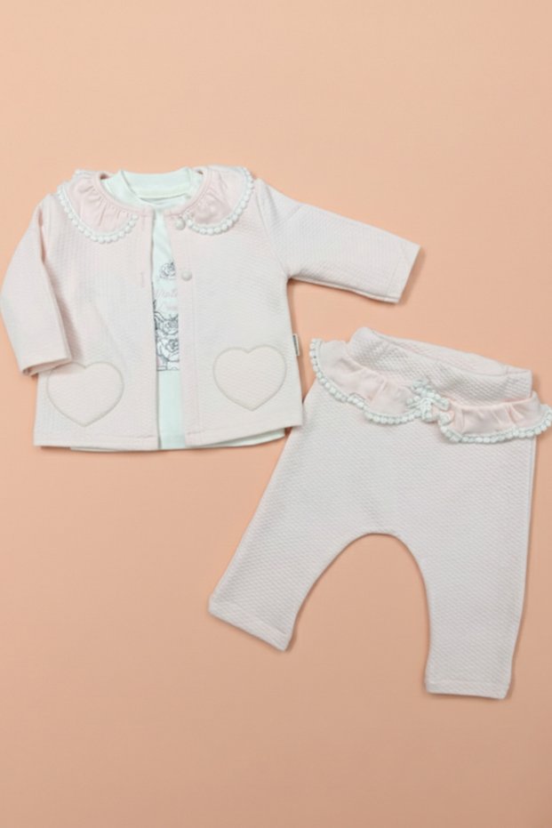 Seasonal 3-Piece Set with Heart Embroidery Detail Cardigan