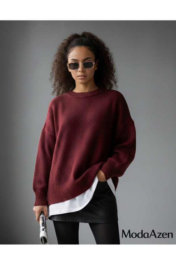 Burgundy Crew Neck Oversized Women's Knit Sweater