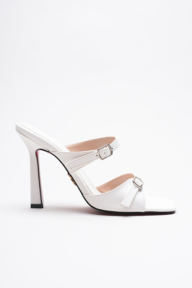 Women's Double Strap Buckle Heeled Slippers Rona White Skin