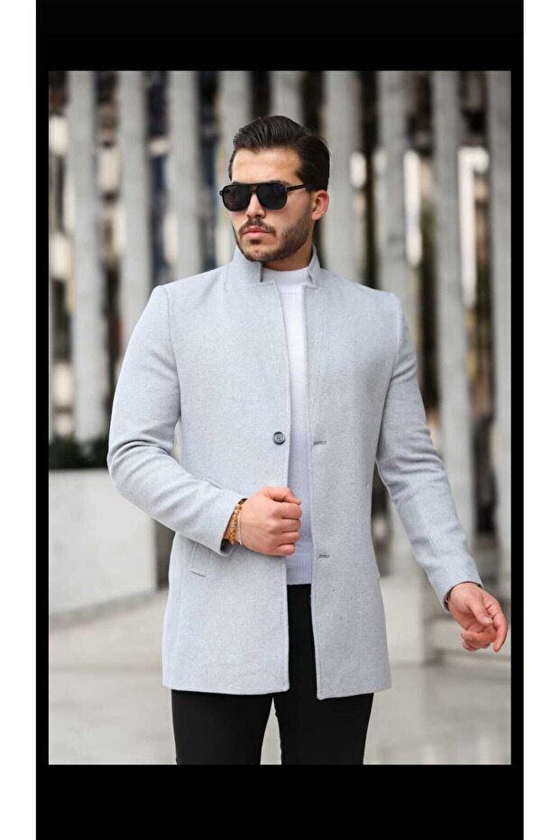 Slim Fit Italian Cut Cashmere Coat Light Gray Long Stand Collar Jacket Coat Slim Fit New Season