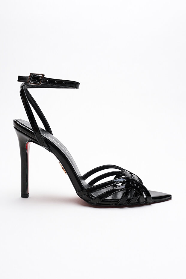 Women's Open Cage Toe Design Thin Heeled Shoes Prona Black Patent Leather
