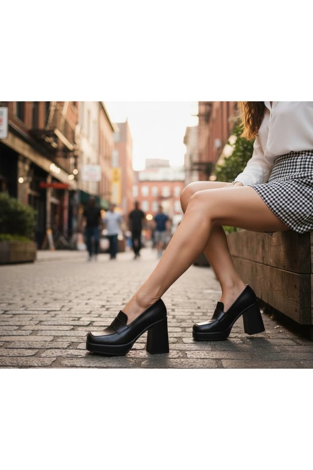 Women's Black Matte Patent Leather Loafer New Style Blunt Toe Lightweight and High Heel Comfortable Shoes