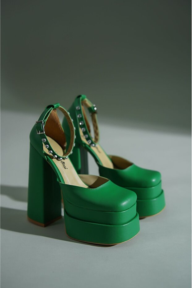 Green Skin Double Platform Design Women's Shoes Figoc