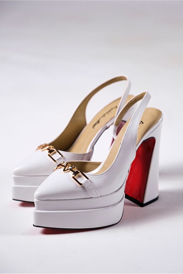 White Patent Leather Double Platform Design Back Open Women's High Heels Shoes Pacha