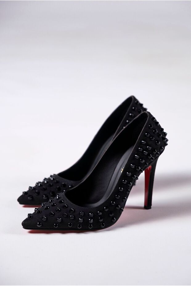 Black Suede Trock Women's Heeled Special Design Shoes Stiletto Cashew