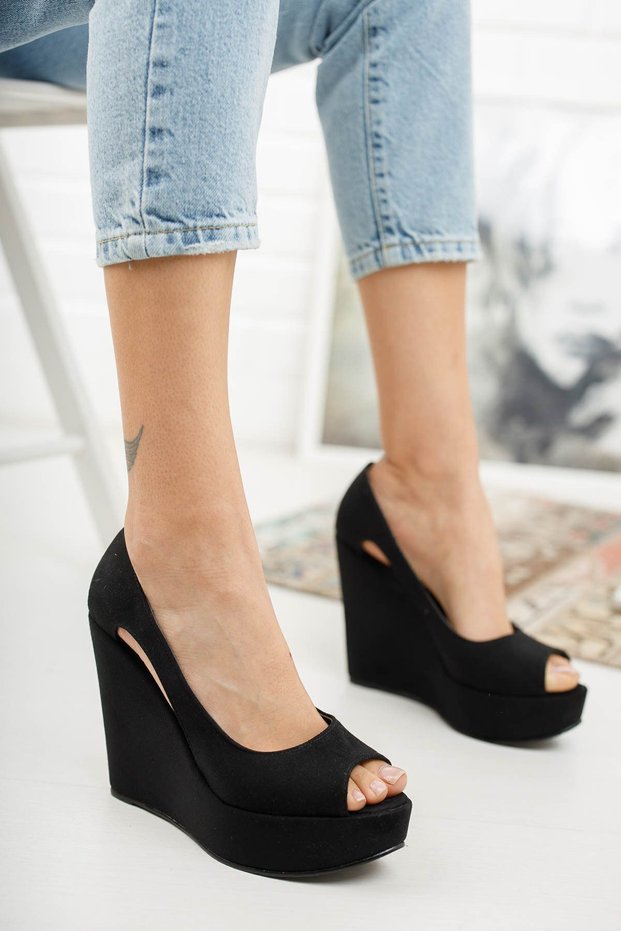 Women's Black Suede Wedge Heeled Shoes Cosef