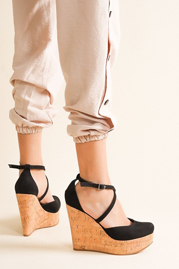 Cork Black Women's Wedge Heeled Shoes