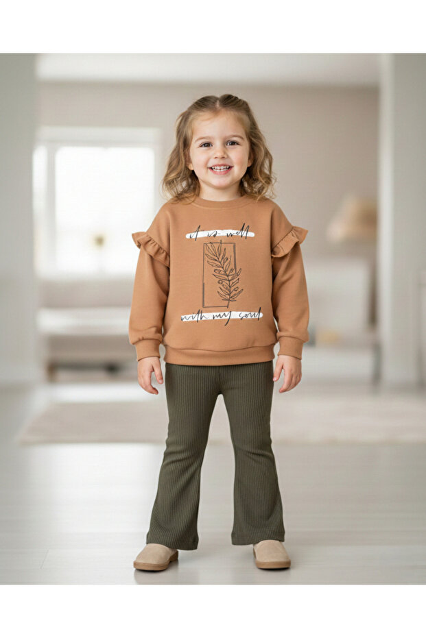 Seasonal 2-3-4-5-6 Years Old Girl's Leaf Printed, Shoulder Ruffles, Spanish Leggings Set