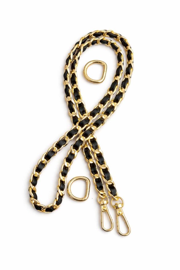 Faux Leather Metal Bag Chain Set Chain Length 115 Cm Chain Color Gold Leather Black