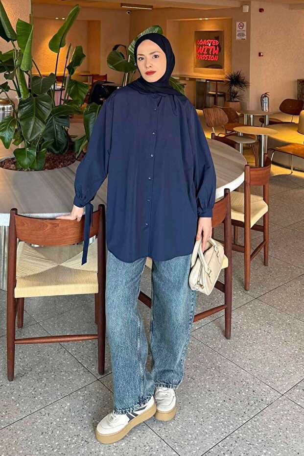 Sleeve Detailed Shirt Oversize Shirt Navy Blue