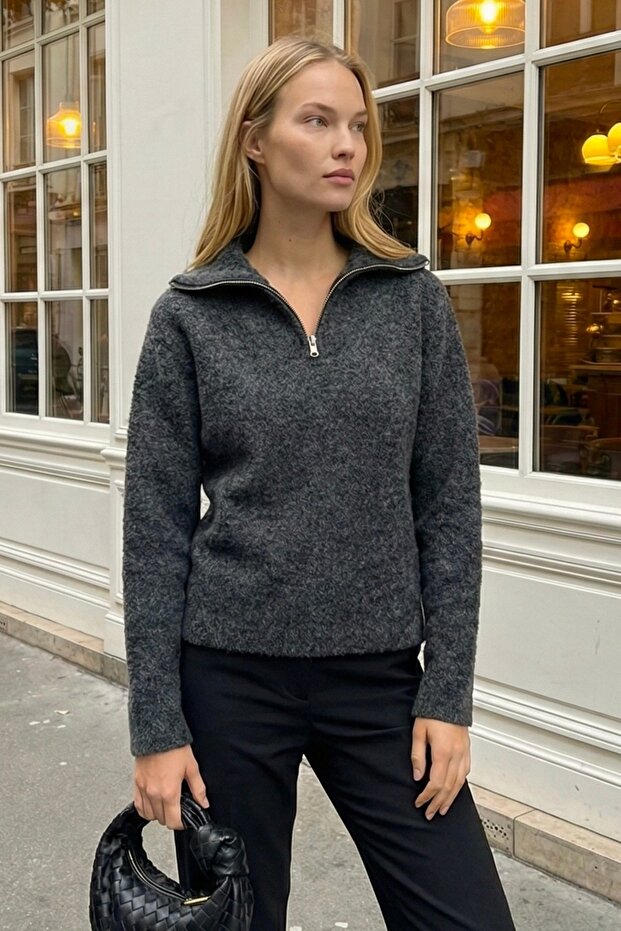 Women's Half Zip Knitwear Sweat – Relaxed Fit Casual Top - Anthracite