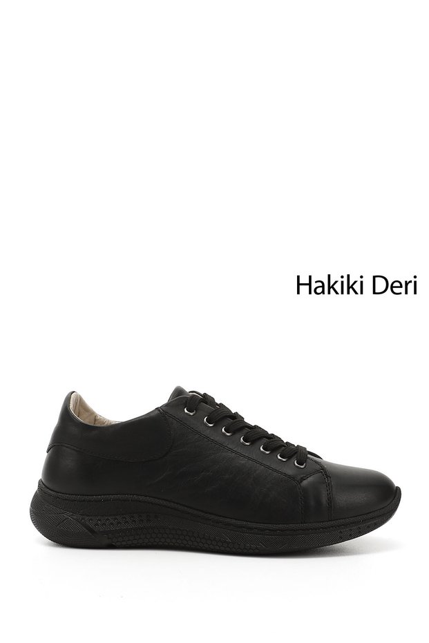 Women's Black Lace-Up Padded Sole Genuine Leather Sneakers