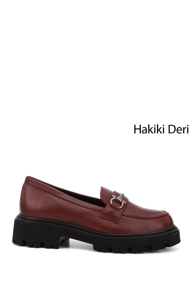 Women's Burgundy Thick Heeled Buckled Genuine Leather Loafer Shoes