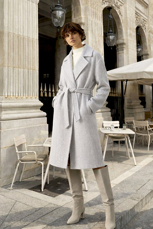 Women's Gray Double-Breasted Belted Herringbone Patterned Melton Coat Alc-X10824