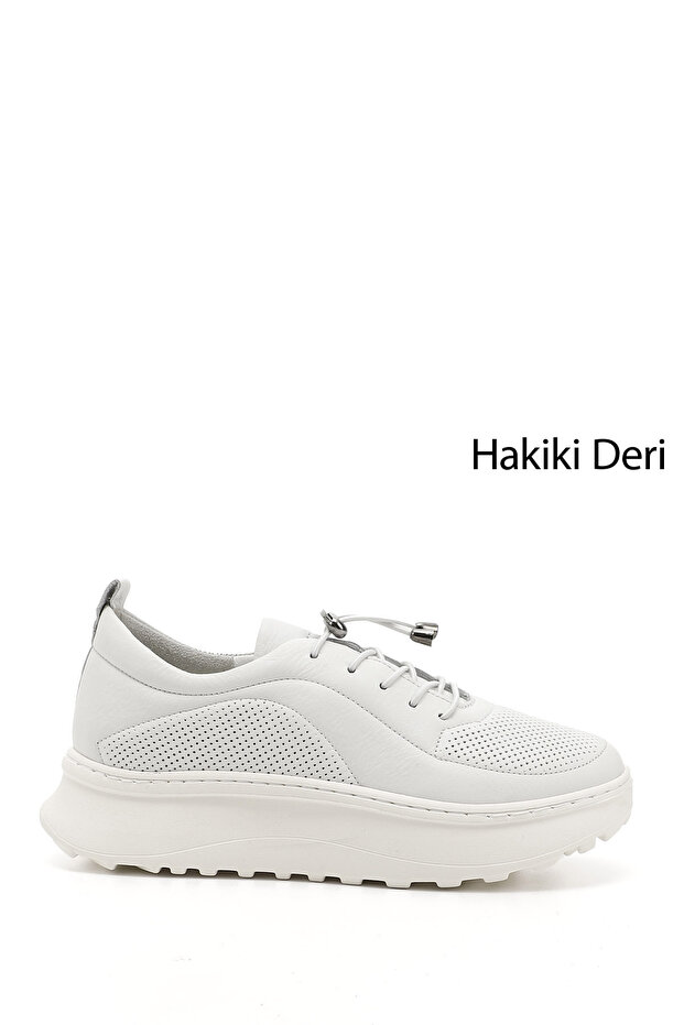 Women's White Rubber Laced Comfort Genuine Leather Sneaker