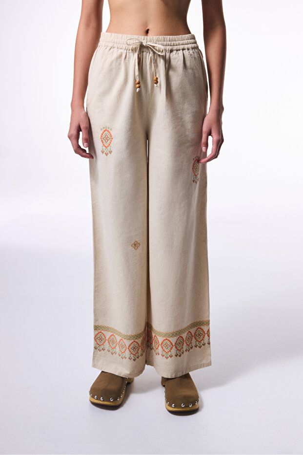 Bej Boho Keten Pantolon - 1