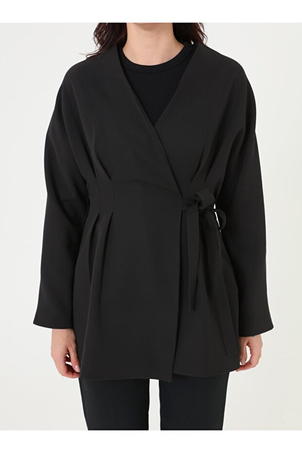 جاكيت بأكمام طويلة وربطة جانبية - أسود - - 5