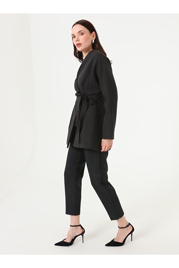 جاكيت بأكمام طويلة وربطة جانبية - أسود - - 2