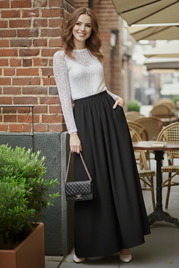 Elastic Waist Double Skirt M213 Black