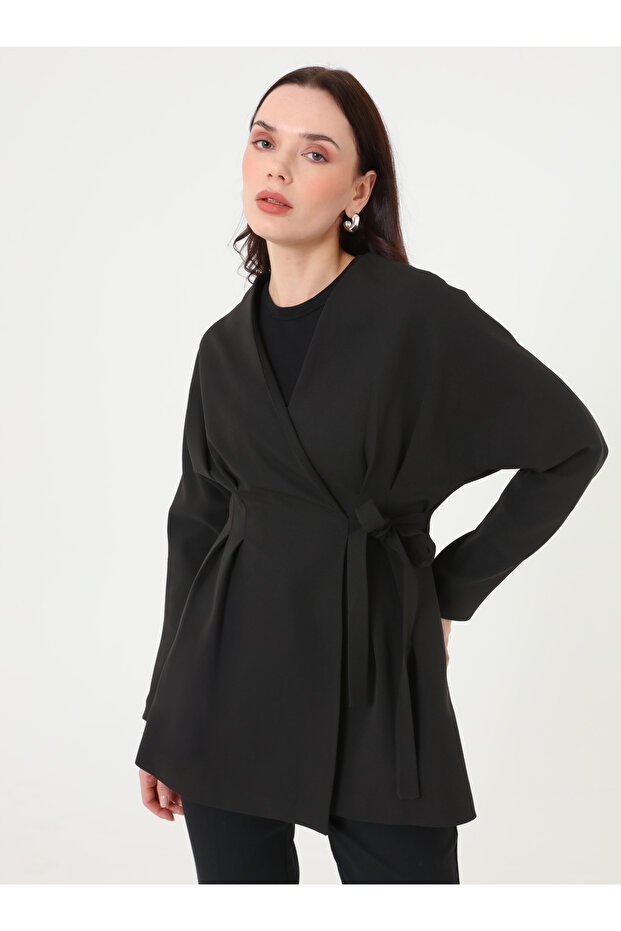 جاكيت بأكمام طويلة وربطة جانبية - أسود - - 3