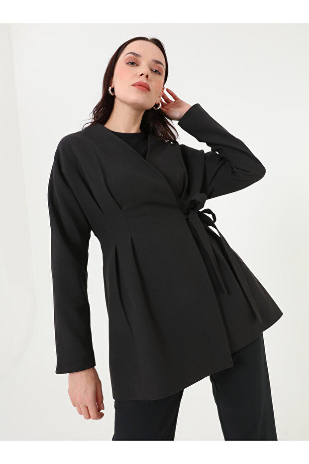 جاكيت بأكمام طويلة وربطة جانبية - أسود - - 4