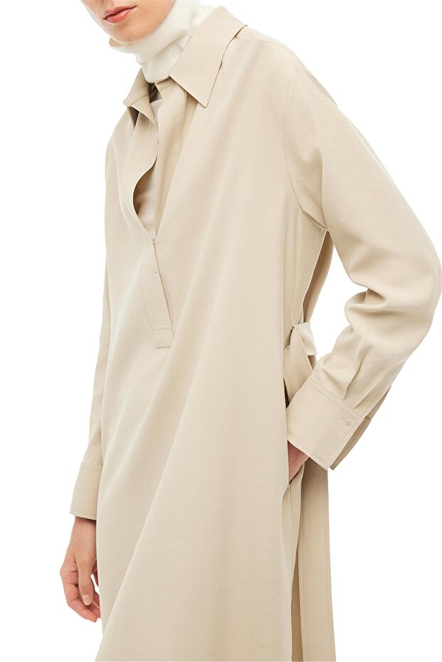 Bej Gömlek Yaka Midi Elbise - 2