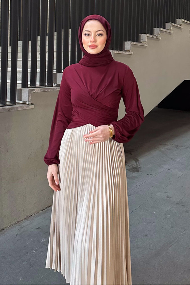 Çift Drapeli Bluz - Bordo - 7