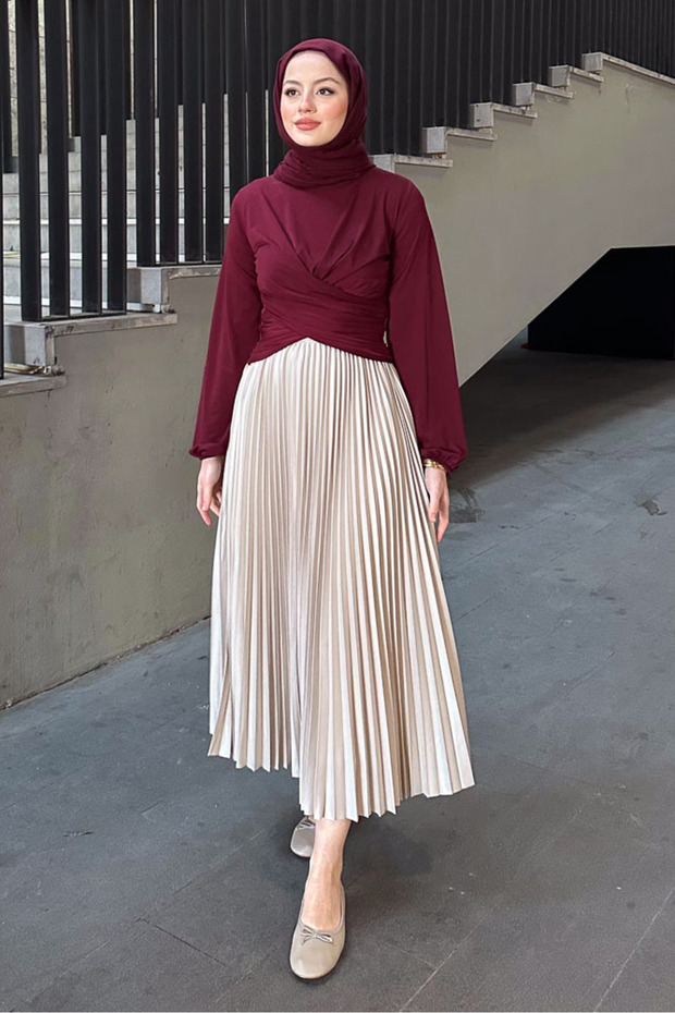 Çift Drapeli Bluz - Bordo - 6