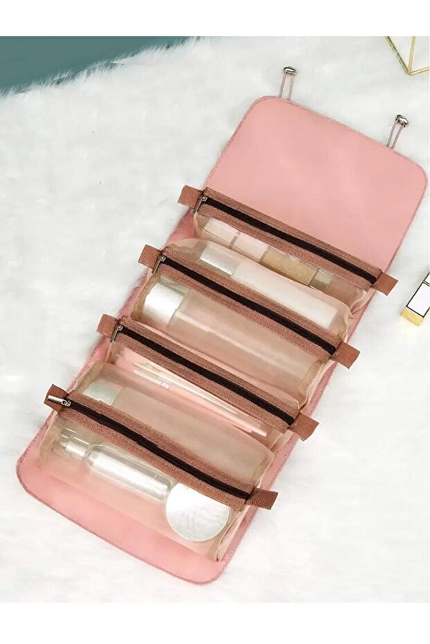 Foldable and Portable Makeup Bag, Multifunctional, Polyester, Pink - 7