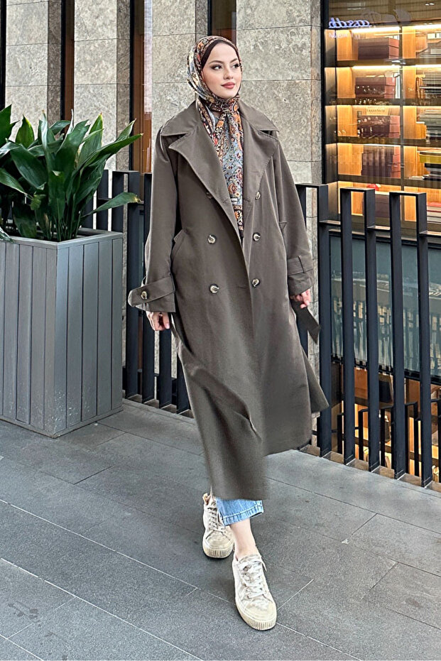 Trench Coat with Back Pile Detail - Khaki
