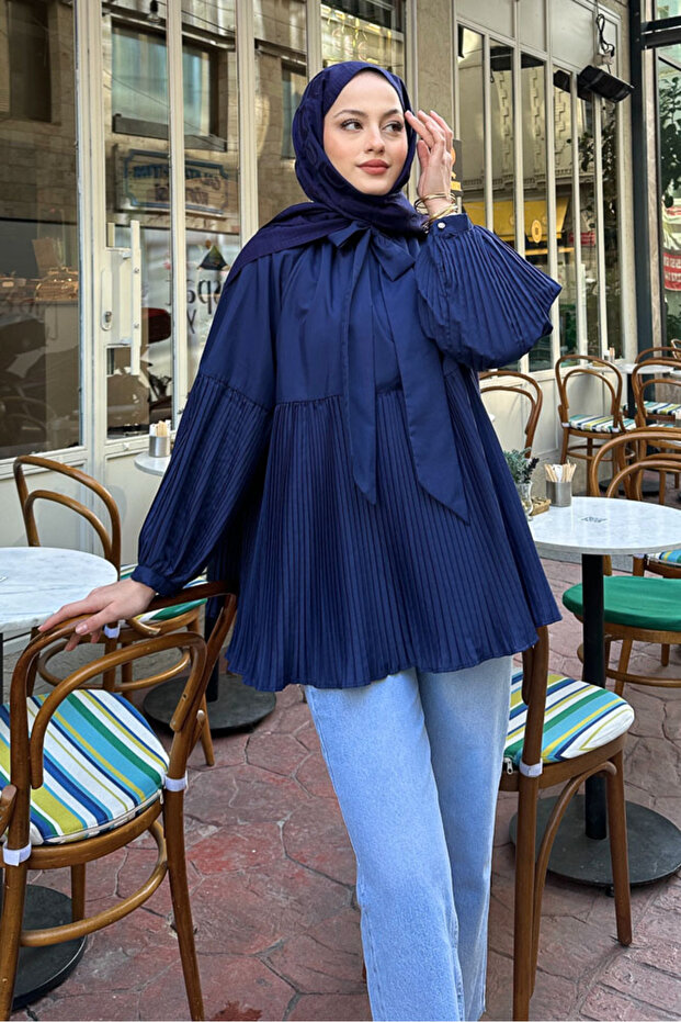 Missy Pleated Shirt - Navy Blue