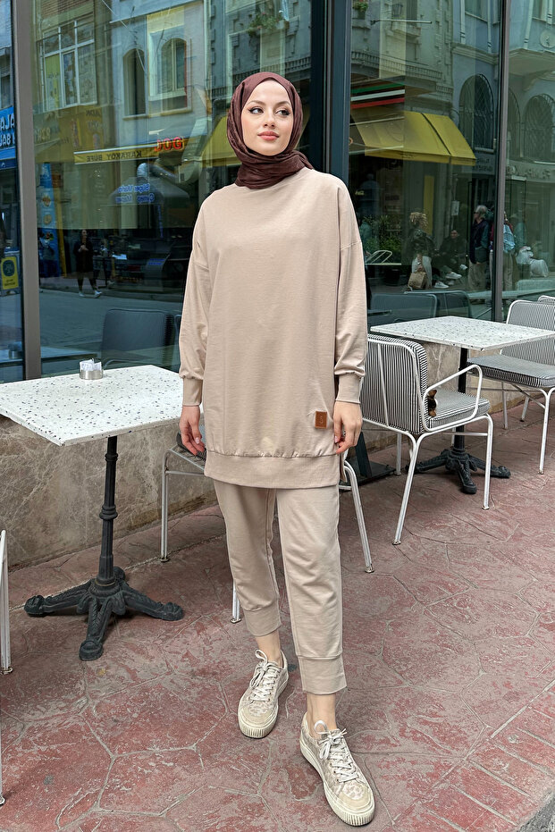 Minimal Düz Basic Sweat - Bej - 4