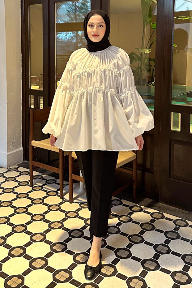 Mini Çiçekli Gömlek - Ekru - 1