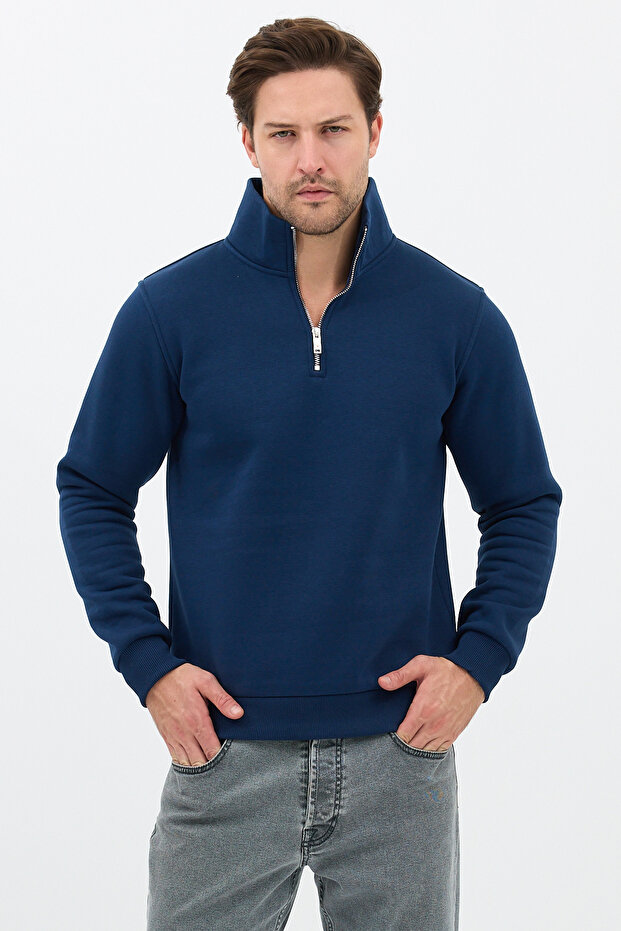 سويت شيرت رجالي بسحاب نصفي من القطن ياقة مرتفعة متوسطة الطول 3 Thread Regular Fit