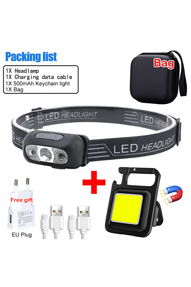 مصباح رأس صغير LED أسود مثالي، قابل لإعادة الشحن عبر USB، مزود بمستشعر موجة، مصباح يدوي خارجي