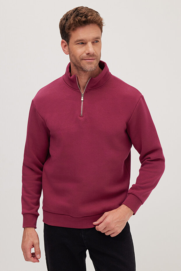 Unisex Relax Fit Comfortable Cut Cotton Fleece Inside Half Zipper Fuchsia Stand Collar Sweatshirt