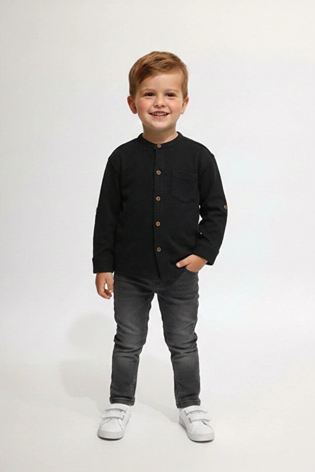 Boy's Shirt Pique Fabric Black