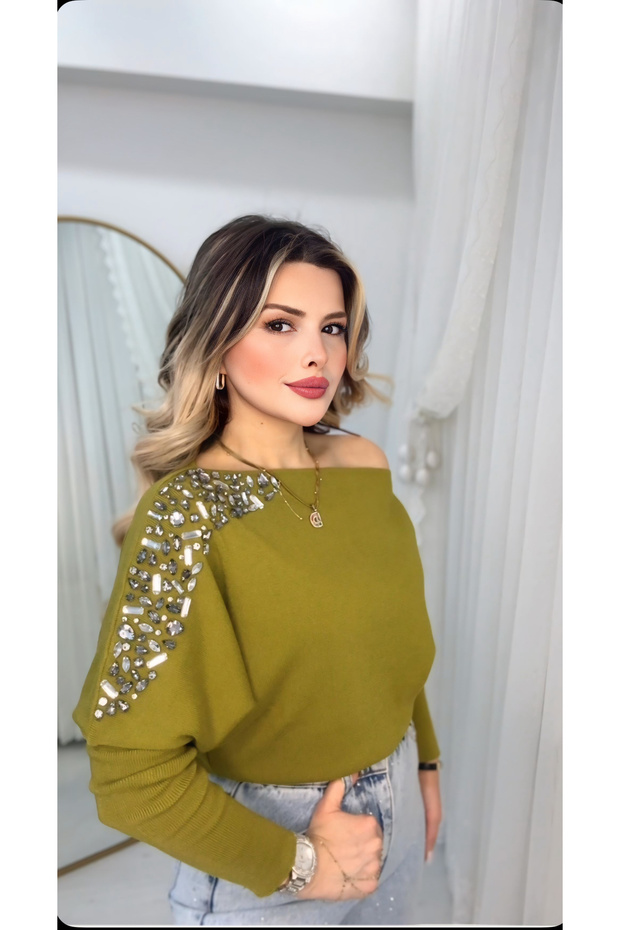 Tek Omuz Taş İşlemeli Triko Bluz - 3