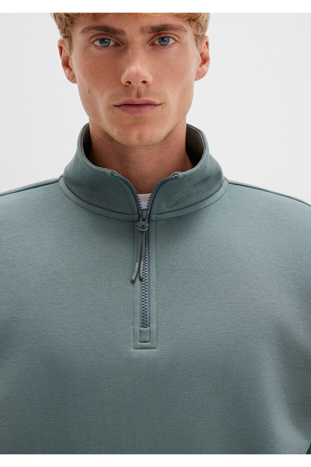 Yarı Fermuarlı Yeşil Basic Sweatshirt 0S10278-71577 - 5