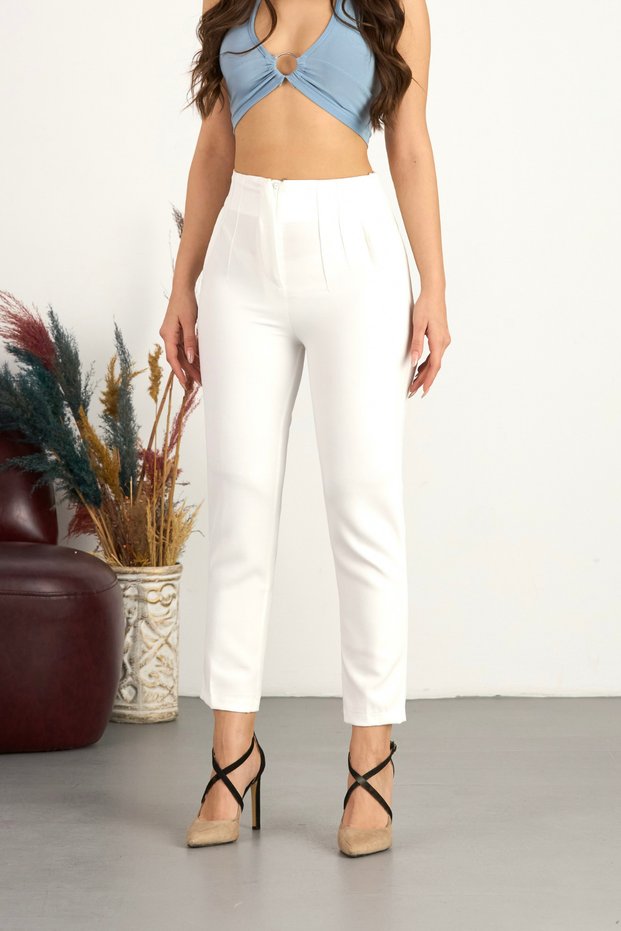 Women's High-Waisted Pleated Tapered Fabric Trousers