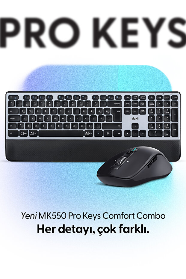 Daxi MK550 Pro Keys Comfort Combo Kablosuz Bluetooth Klavye Mouse Seti, Scissor-Switch Klavye, Türkçe Q